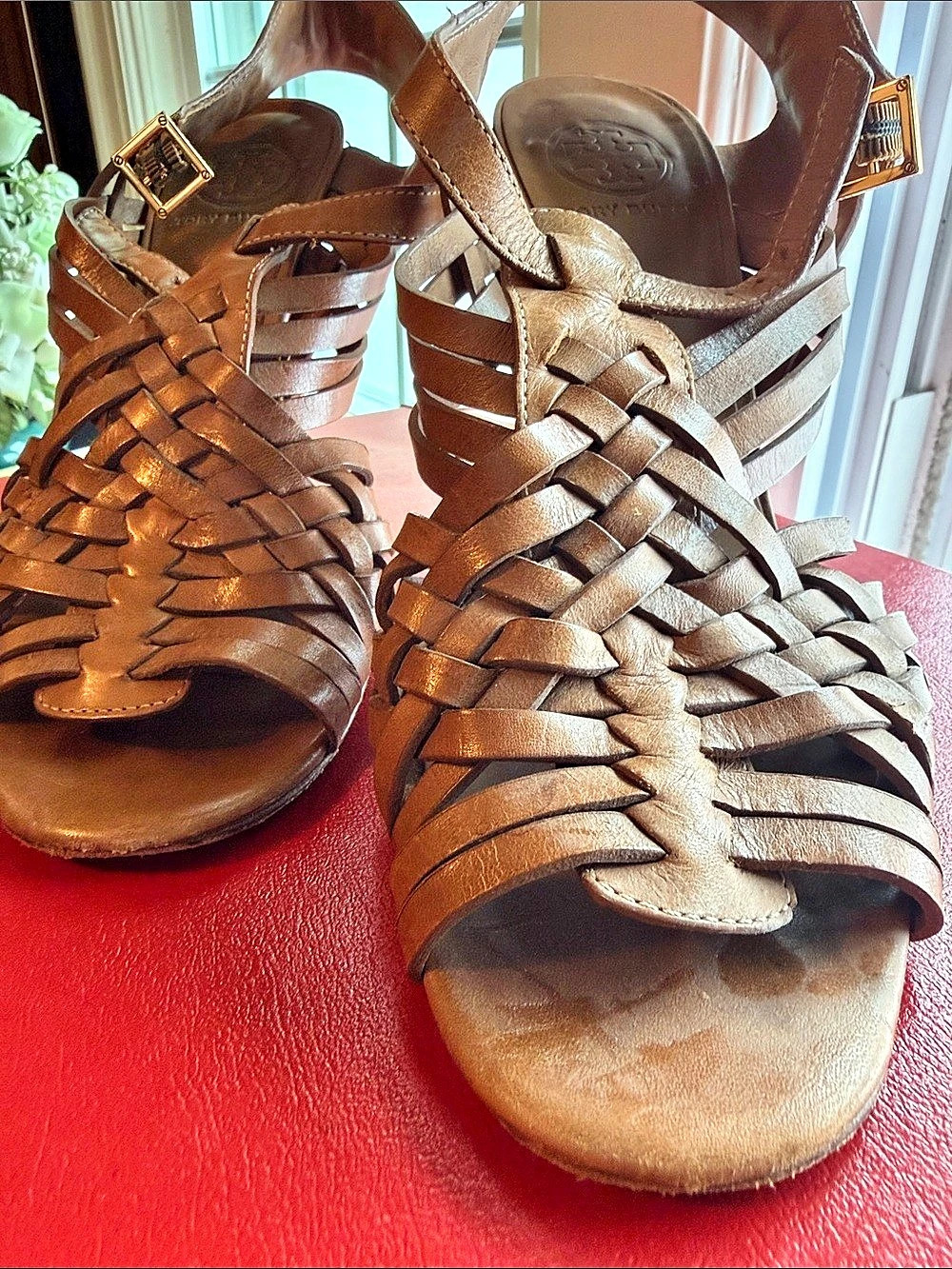 Tory Burch Kelton Cage Woven Leather Sandal Brown Heels
